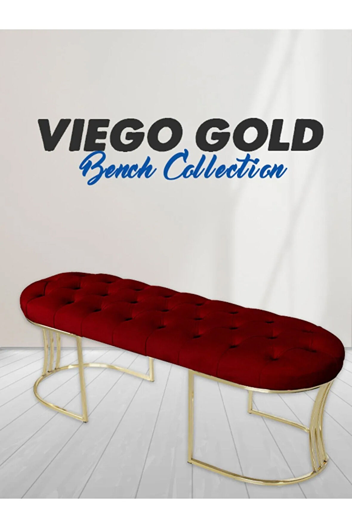 Viego Gold Bordo Puf - Lüks Metal Gold Ayak, Chester Model Yatak Ucu Bench Puf