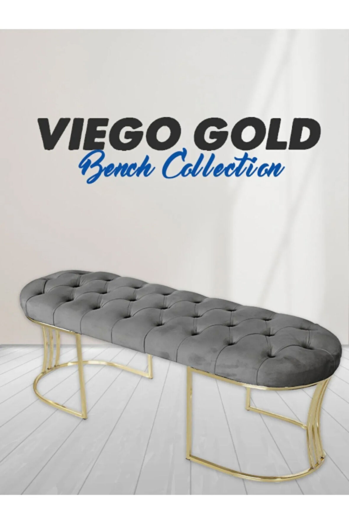 Viego Gold Gri Puf - Lüks Metal Gold Ayak, Chester Model Yatak Ucu Bench Puf