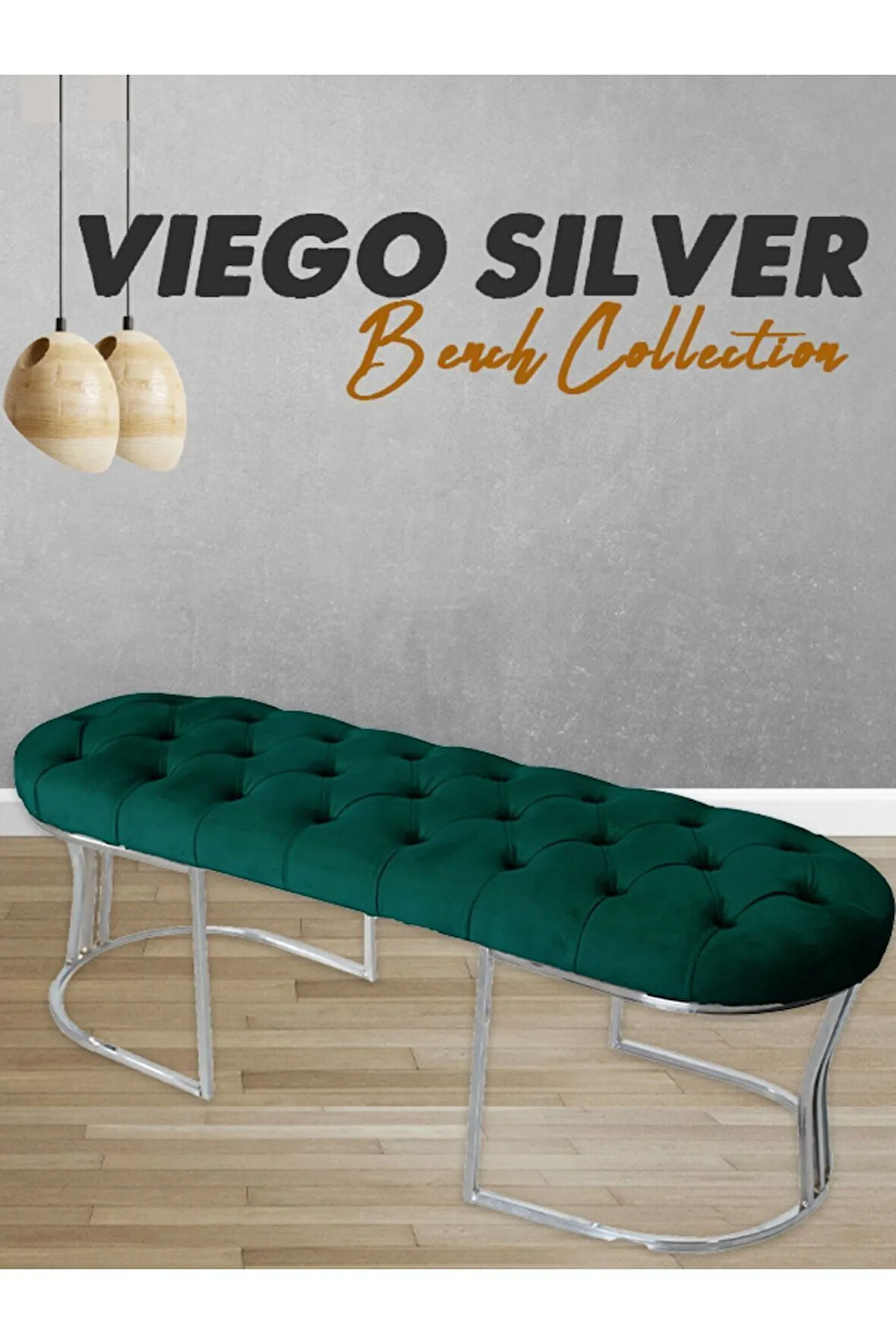 Viego Silver Puf Lüks Metal Gümüş Ayak, Chester Model Yatak Ucuyeşil Bench