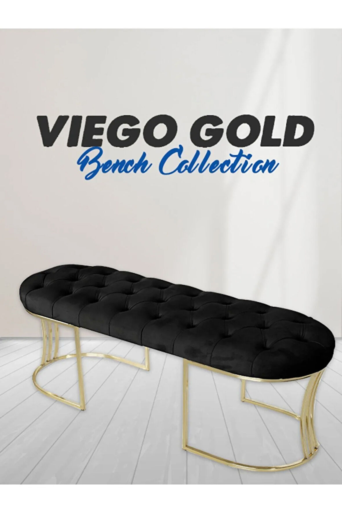 Viego Gold Siyah Puf - Lüks Metal Gold Ayak, Chester Model Yatak Ucu Bench Puf