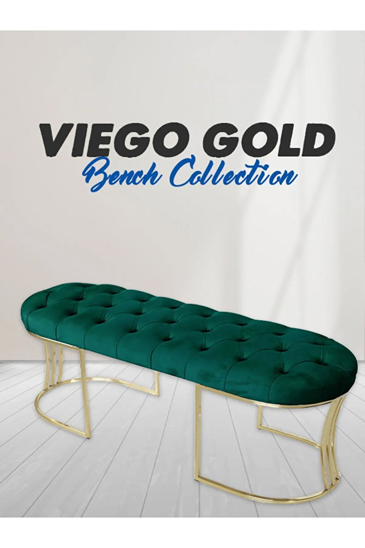 Viego Gold Yeşil Puf - Lüks Metal Gold Ayak, Chester Model Yatak Ucu Bench Puf