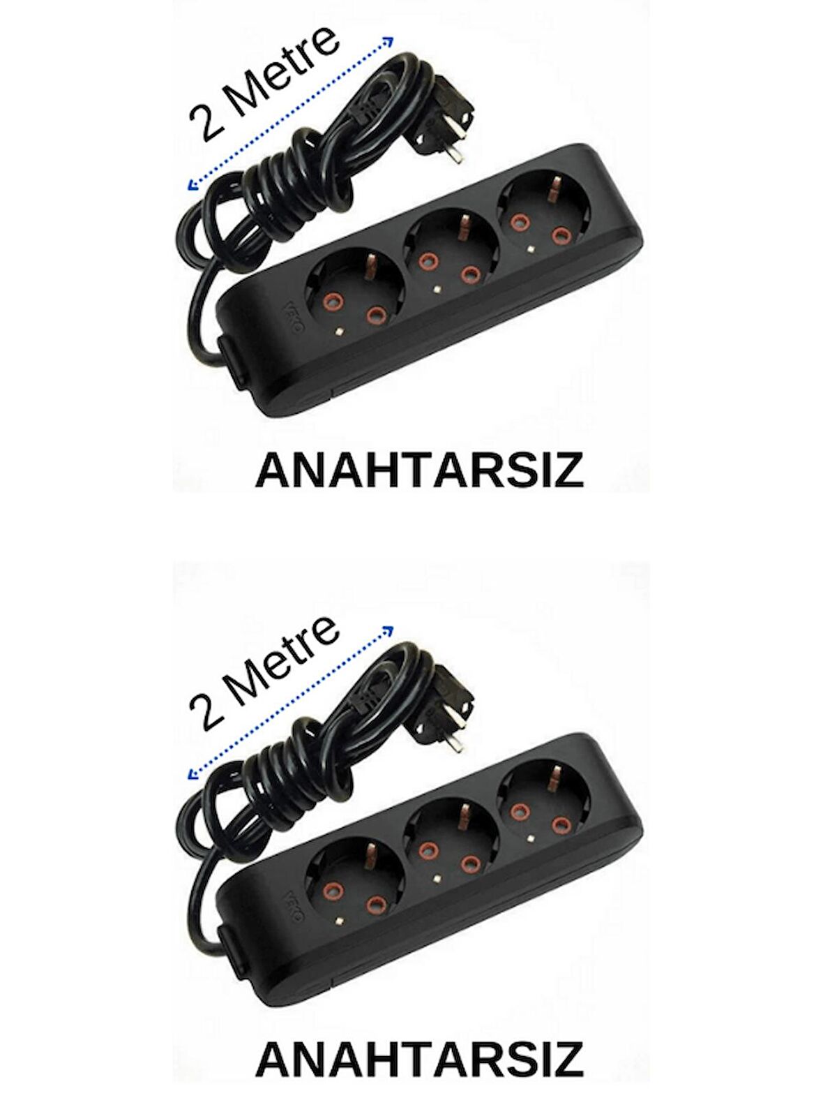 Viko (3'Lü) Üçlü Priz Topraklı Kablolu Siyah 2 (İki) Metre (2 Adet)