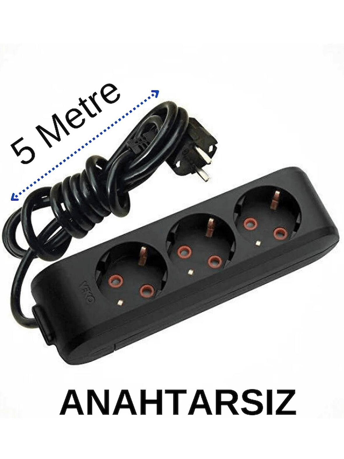 Viko (3'Lü) Üçlü Priz Topraklı Kablolu Siyah 5 (Beş) Metre