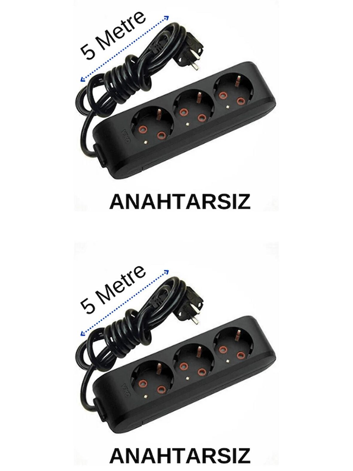 Viko (3'Lü) Üçlü Priz Topraklı Kablolu Siyah 5 (Beş) Metre (2 Adet)