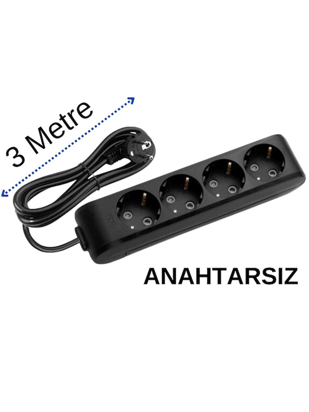 Viko (4'Lü) Dörtlü Priz Topraklı Kablolu Siyah 3 (Üç) Metre