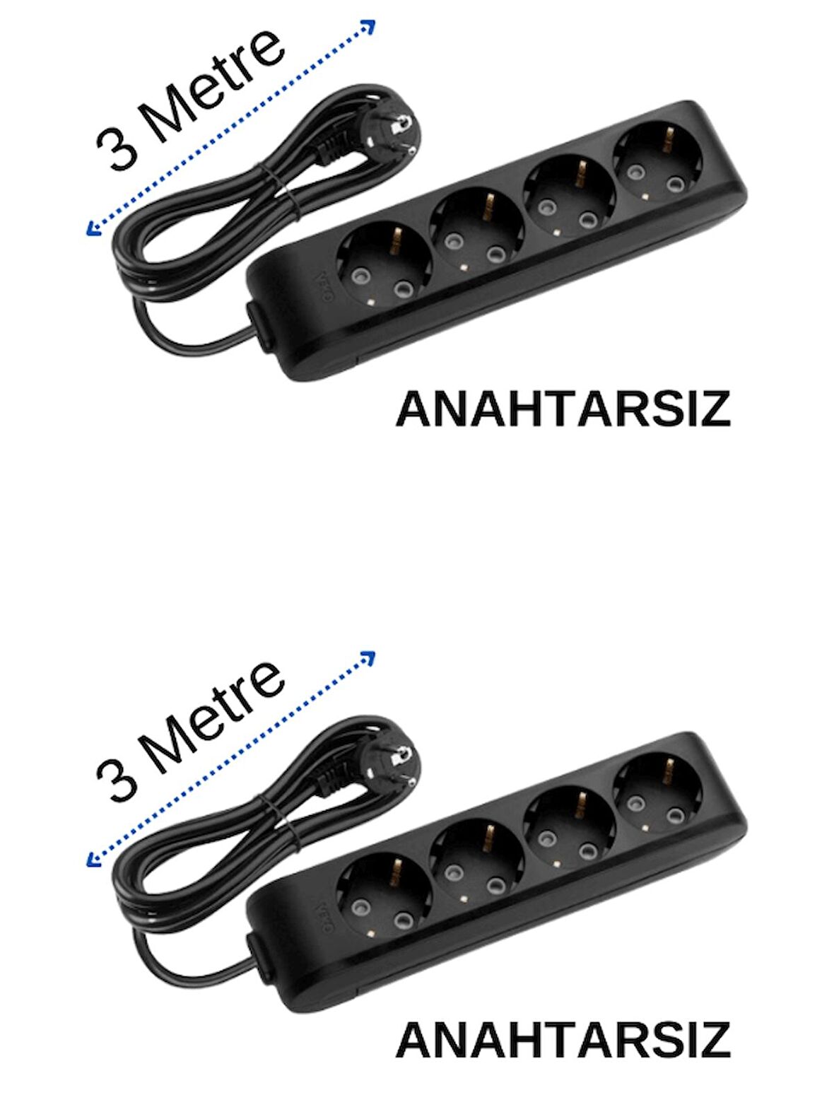 Viko (4'Lü) Dörtlü Priz Topraklı Kablolu Siyah 3 (Üç) Metre (2 Adet)