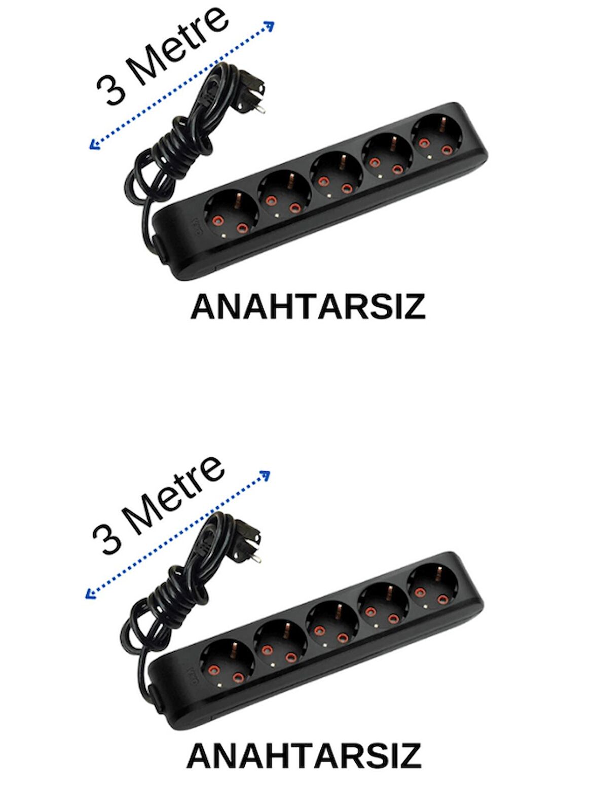 Viko (5'Li) Beşli Priz Topraklı Kablolu Siyah 3 (Üç) Metre (2 Adet)