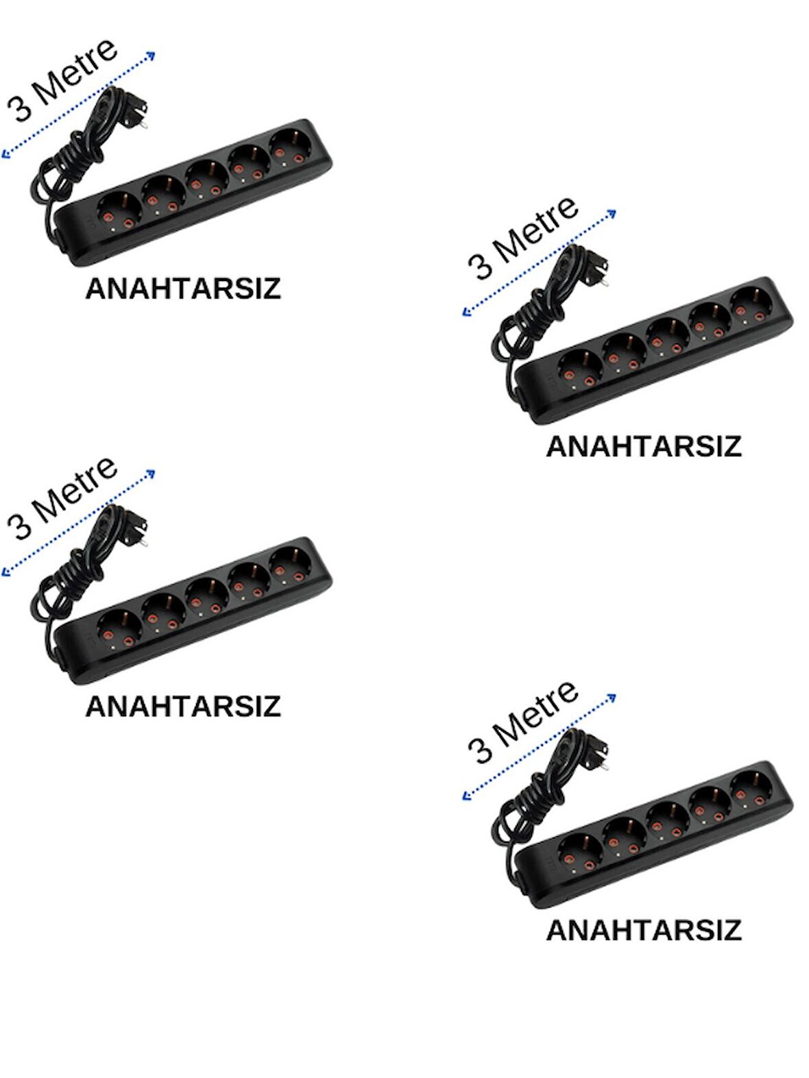 Viko (5'Li) Beşli Priz Topraklı Kablolu Siyah 3 (Üç) Metre (4 Adet)