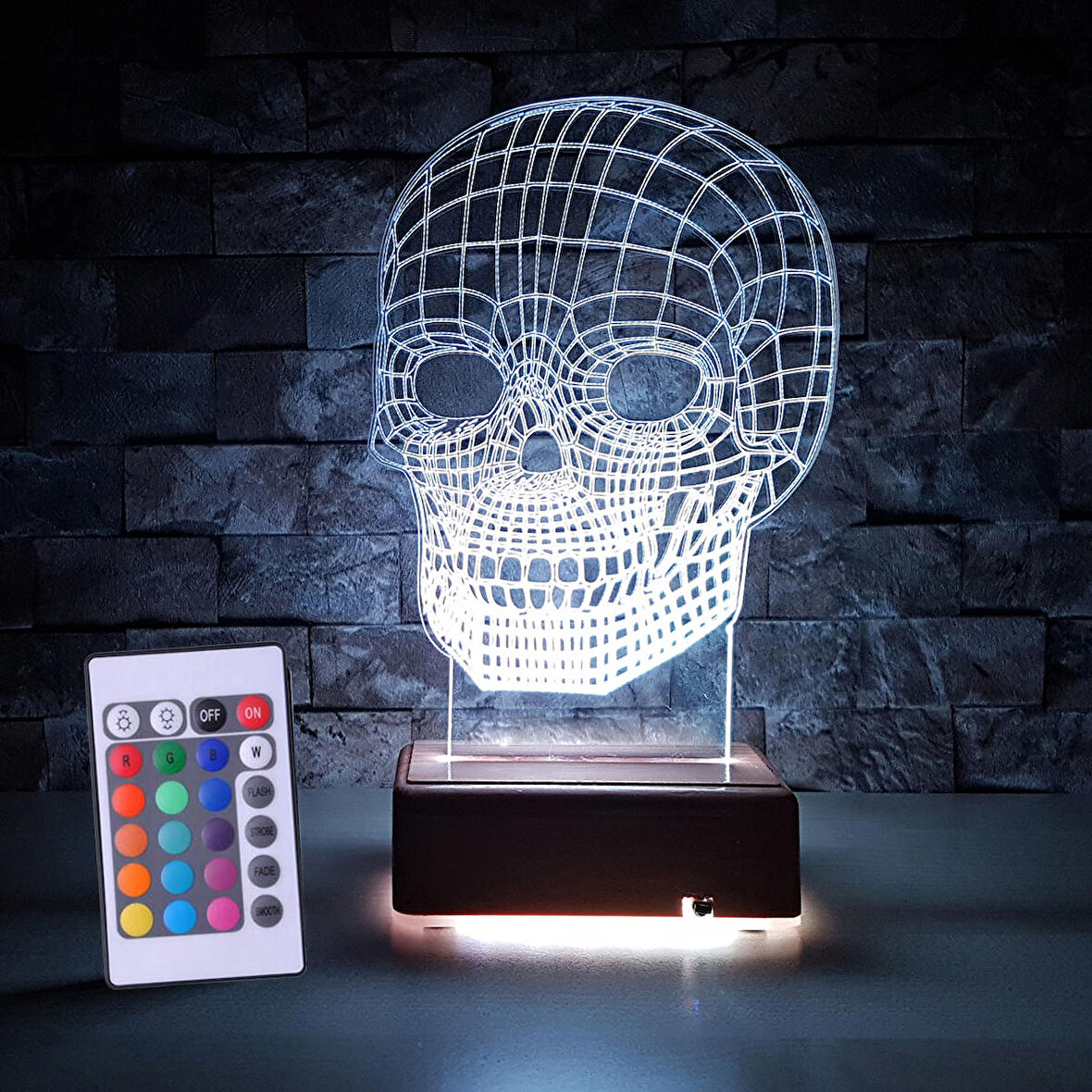 3d Ilizyon Led Lamba Masa Gece Lambası 16 Renk Kumandalı Kuru Kafa Tasarım