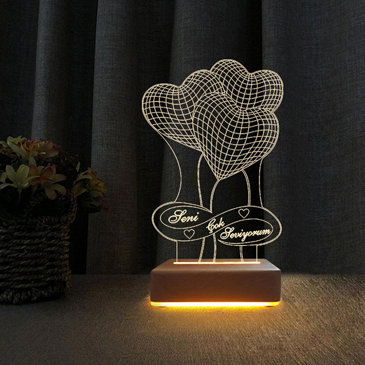 3Kalpli Led Gece Lambası Seni Çok Seviyorum Yazılı Hediyelik Lamba
