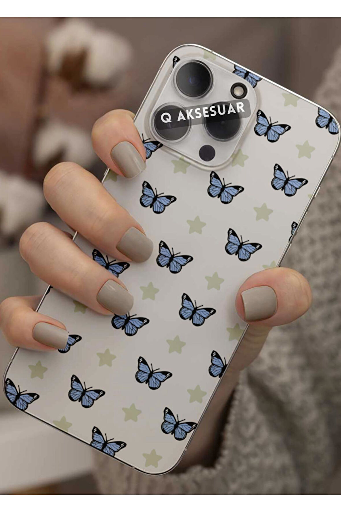 Vivo Y18 Uyumlu Mavi Kelebek Tasarımlı Şeffaf Telefon Kılıfı Kapak Case