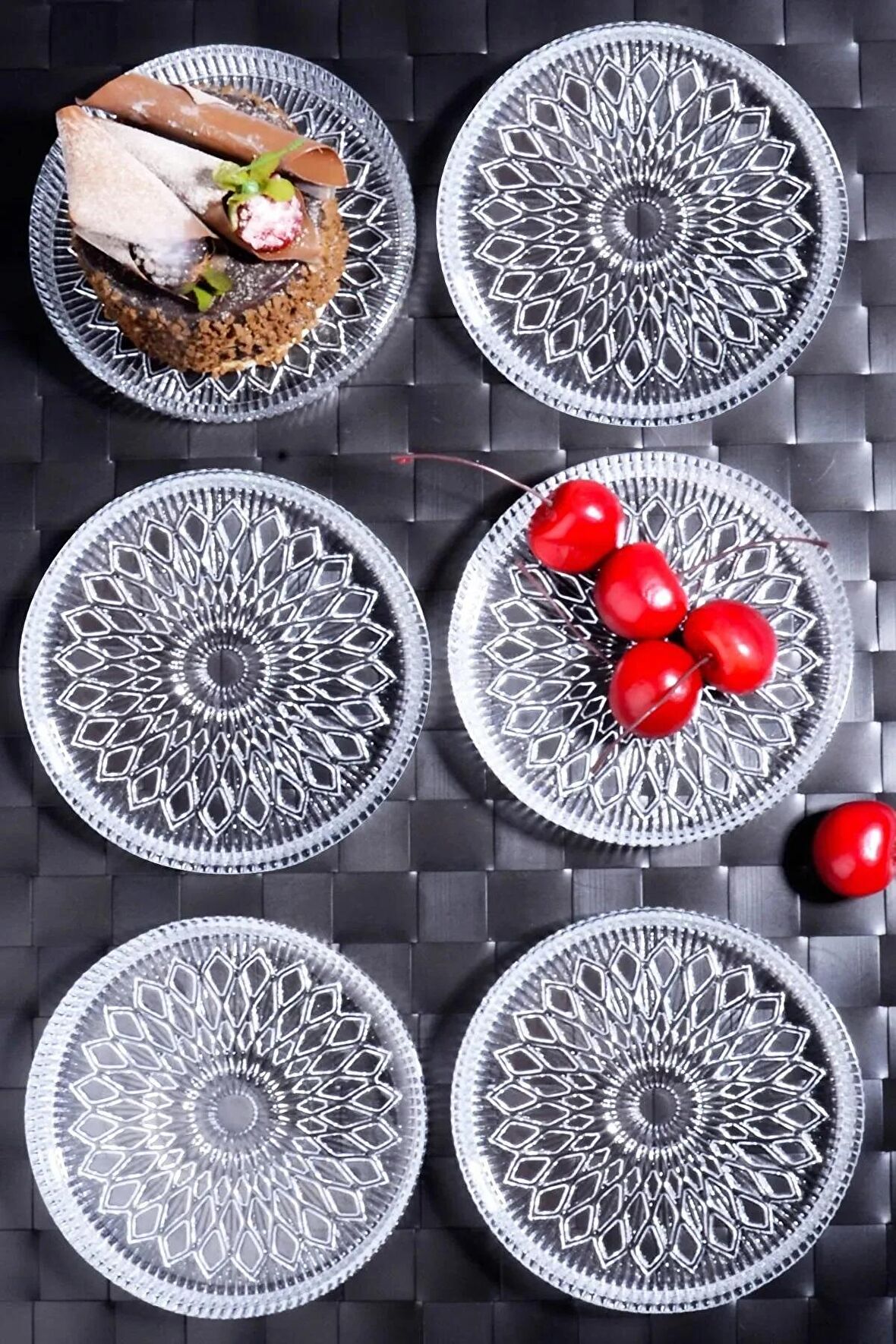 6 Adet Alya Desenli Cam Sunumluk Pasta Kurabiye Kek İkram Servis Tabağı 12 Cm