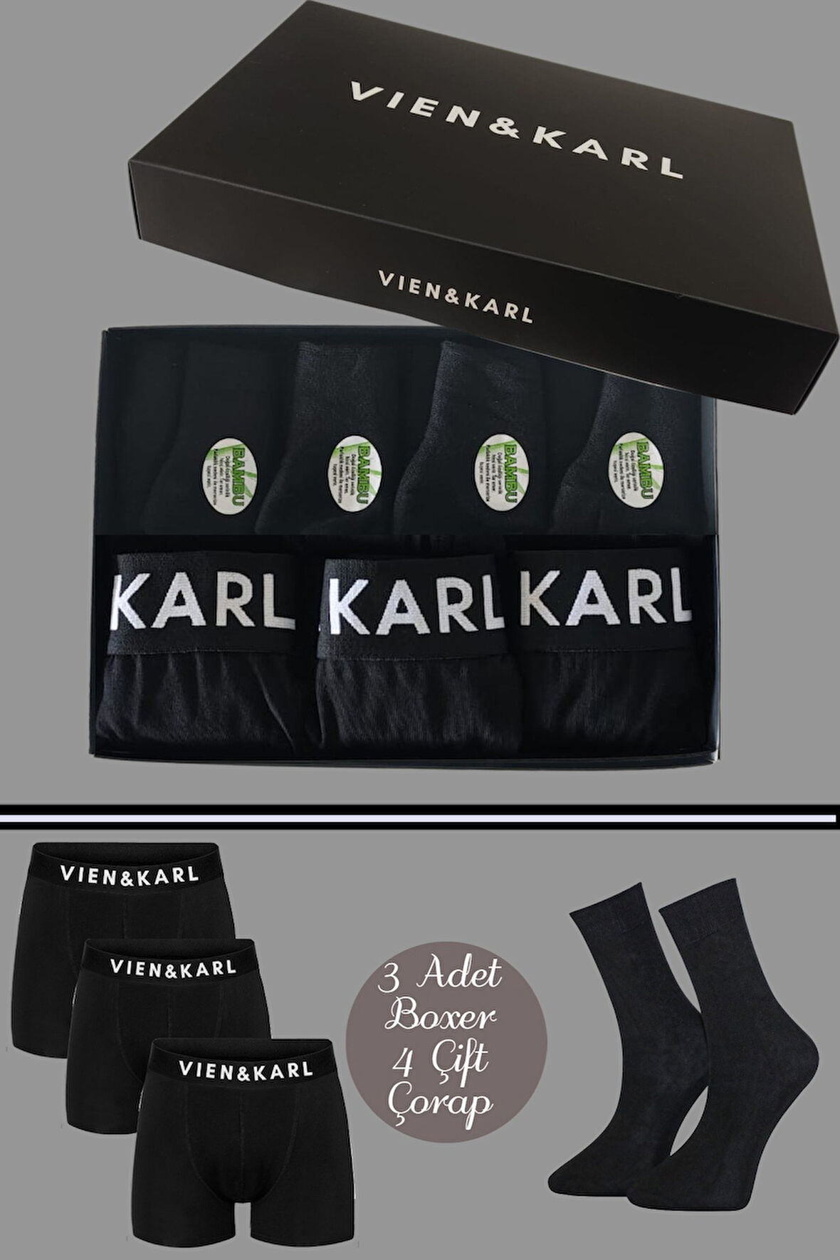  Erkek Premium Kutuda 3 Siyah Boxer 4 Bambu Çorap Set