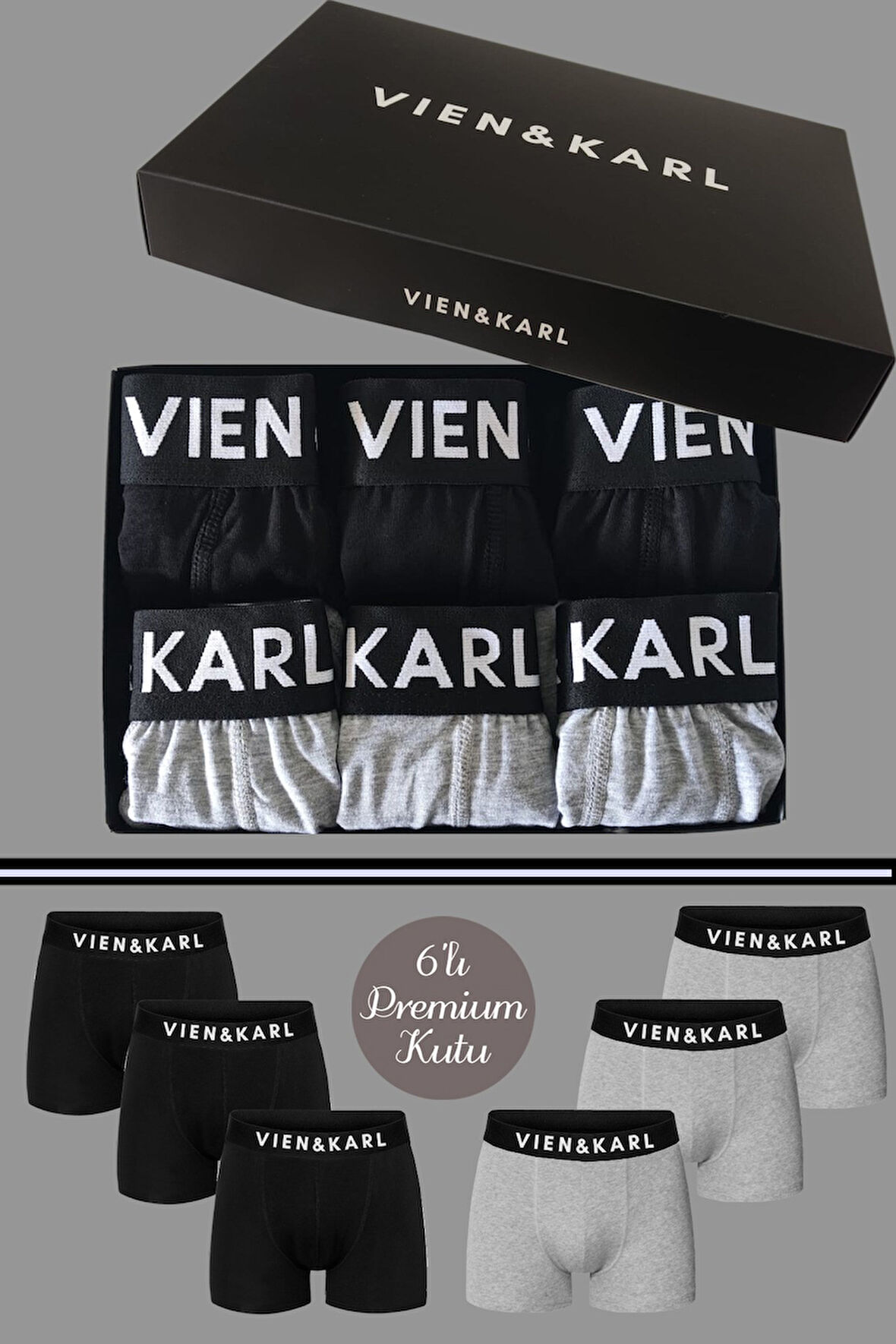 Erkek Siyah Gri 6’lı Kutu Düz Likralı Boxer Şort