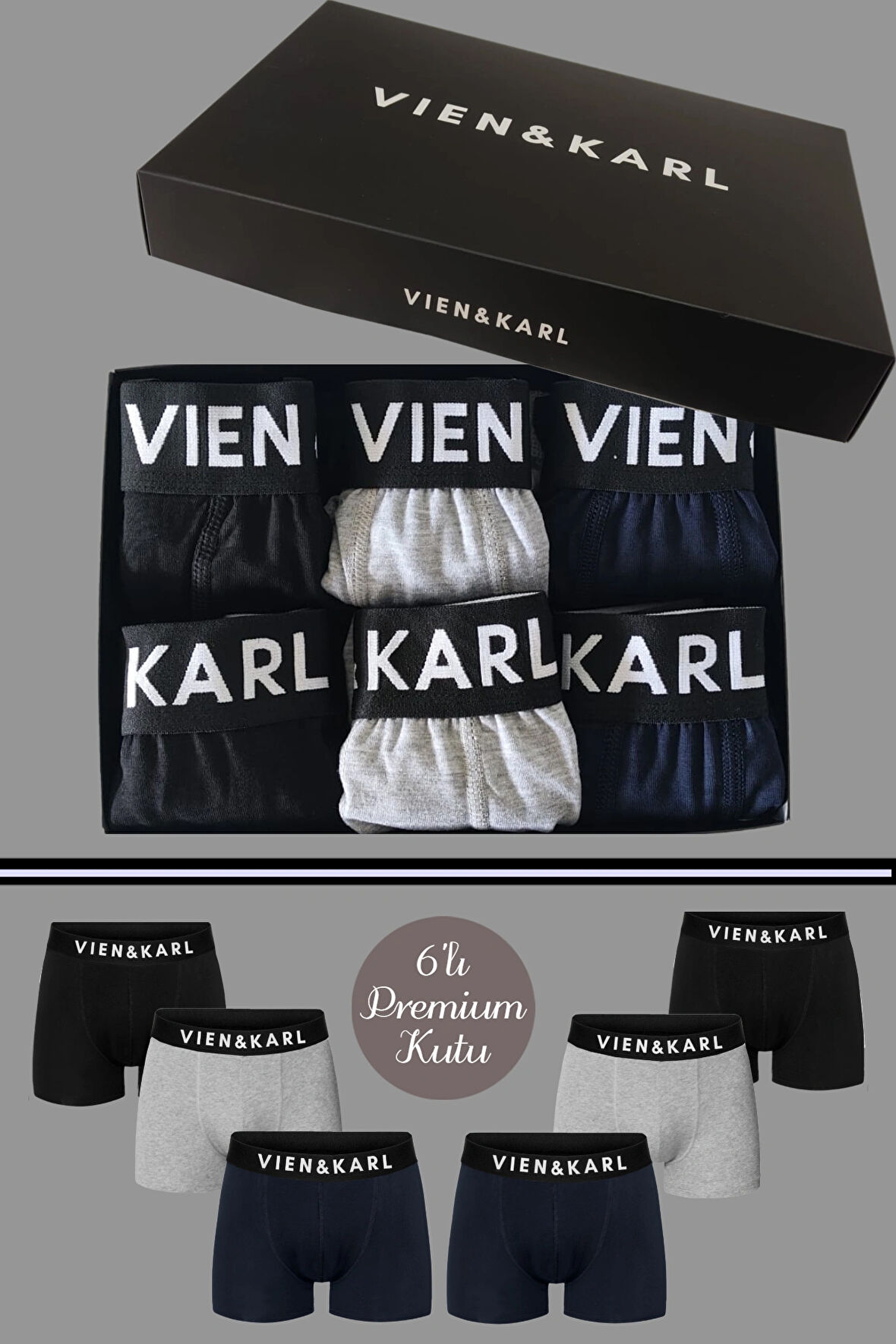 VIEN&KARL 6'lı Premium Kutuda Siyah-Gri-Lacivert Renklerde Erkek Penye Boxer