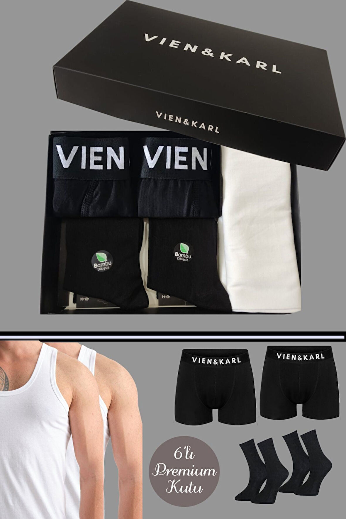  Erkek Boxer-atlet-çorap Set 6'lı Premium Kutuda Hediyelik Ve Çeyizlik