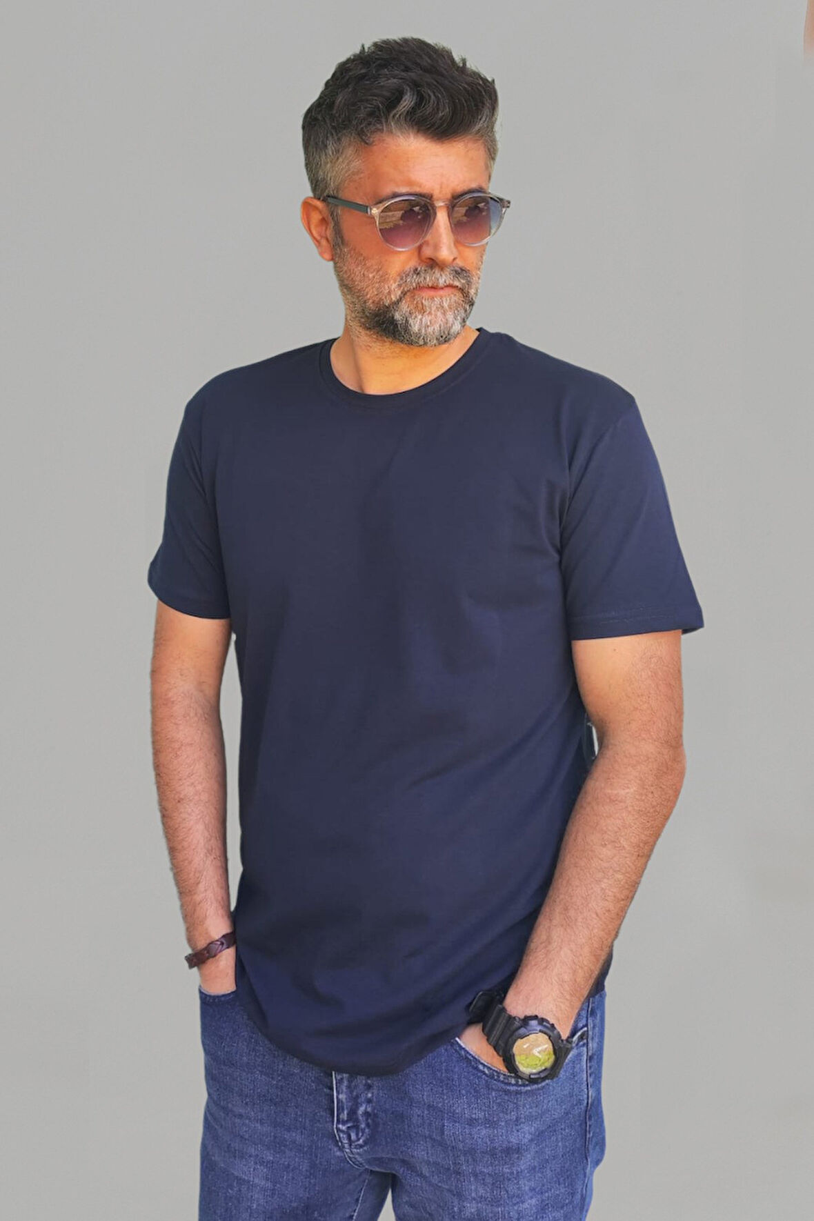 Erkek Lacivert Slim Fit Bisiklet Yaka Pamuk Elastan Basic Tişört