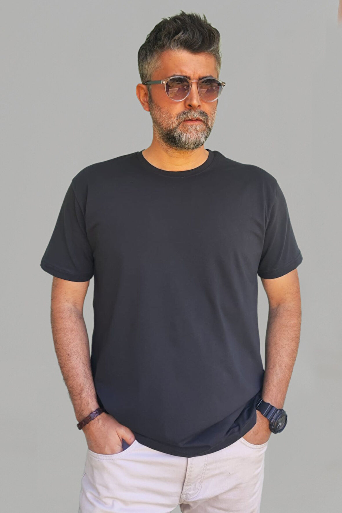 Erkek Siyah Slim Fit Bisiklet Yaka Pamuk Elastan Basic Tişört