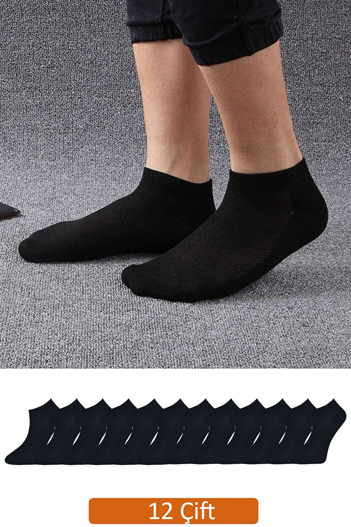 Erkek 12'li Paket Siyah Bambu Patik Çorap