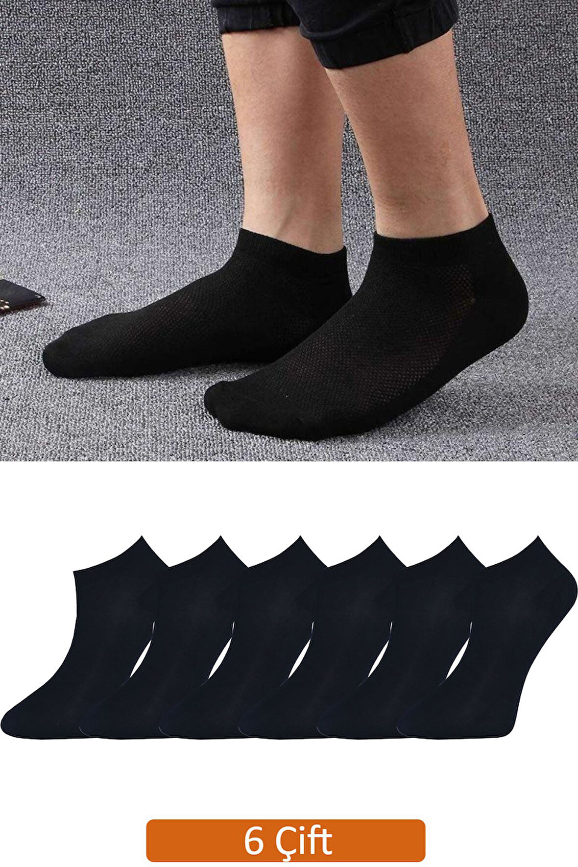 Erkek 6'lı Paket Siyah Bambu Patik Çorap