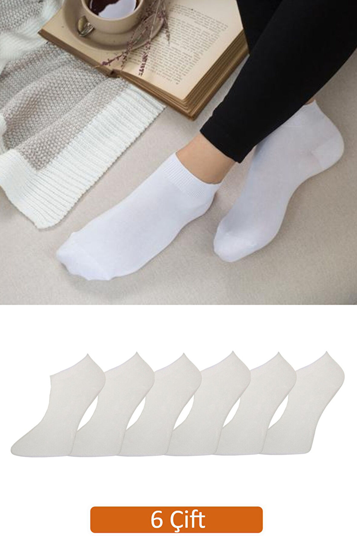 Kadın 6'lı Paket Beyaz Bambu Patik Çorap