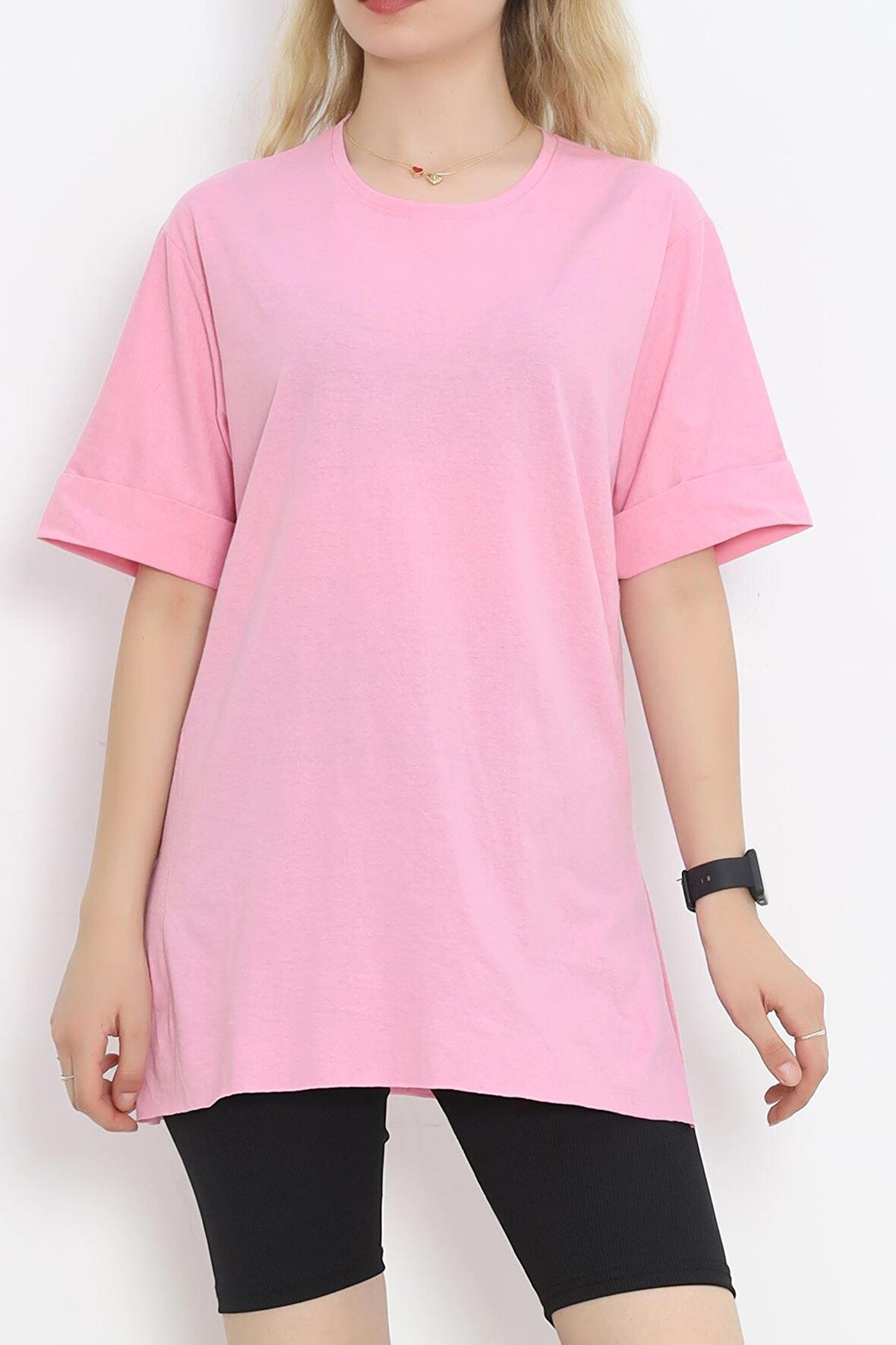 Kadın Pembe Bisiklet Yaka Salaş Kesim Yırtmaçlı Pamuklu Basic Duble Kol Oversize T-shirt - 9611