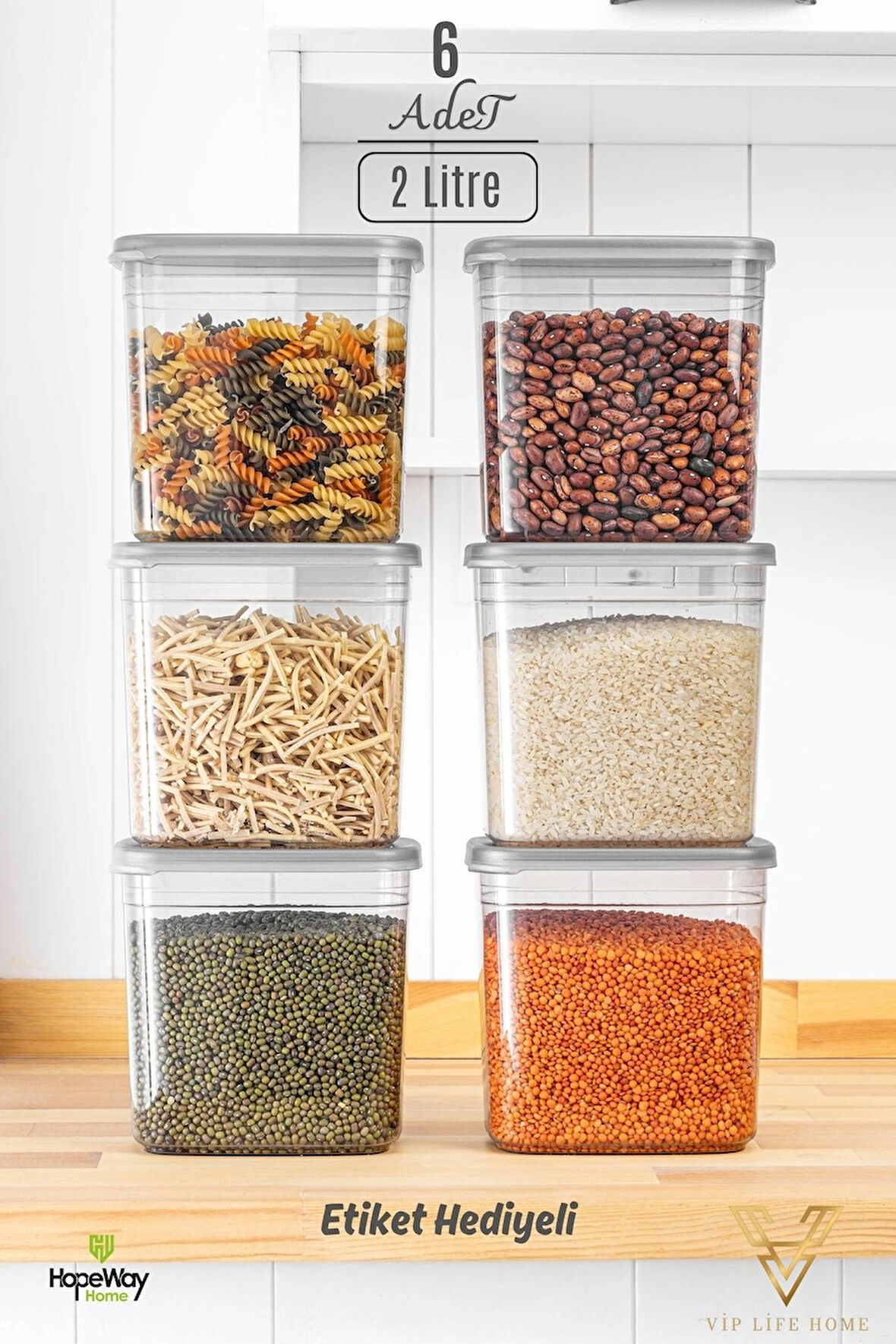  Practical 6'lı 2000 ML Dikdörtgen Erzak ve Bakliyat Saklama kabı seti (Etiket Hediyeli)