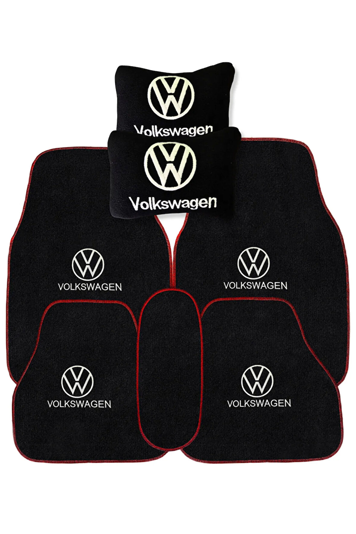 Volkswagen Nakış İşlemeli 5 Parça Araç Oto Halı Paspas | Volkswagen Siyah Polar Oto Boyun Yastığı