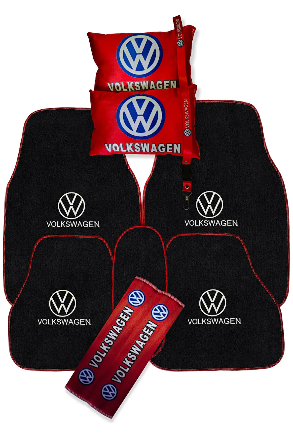 Volkswagen Nakışlı Oto Halı Paspas | Volkswagen Dijital Baskılı Kırmızı Yastık & Emniyet Kemer Pedi