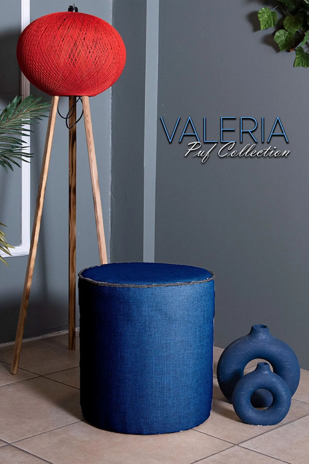 Valeria Puf - Mavi Keten Kumaş Silindir Dekoratif Puf