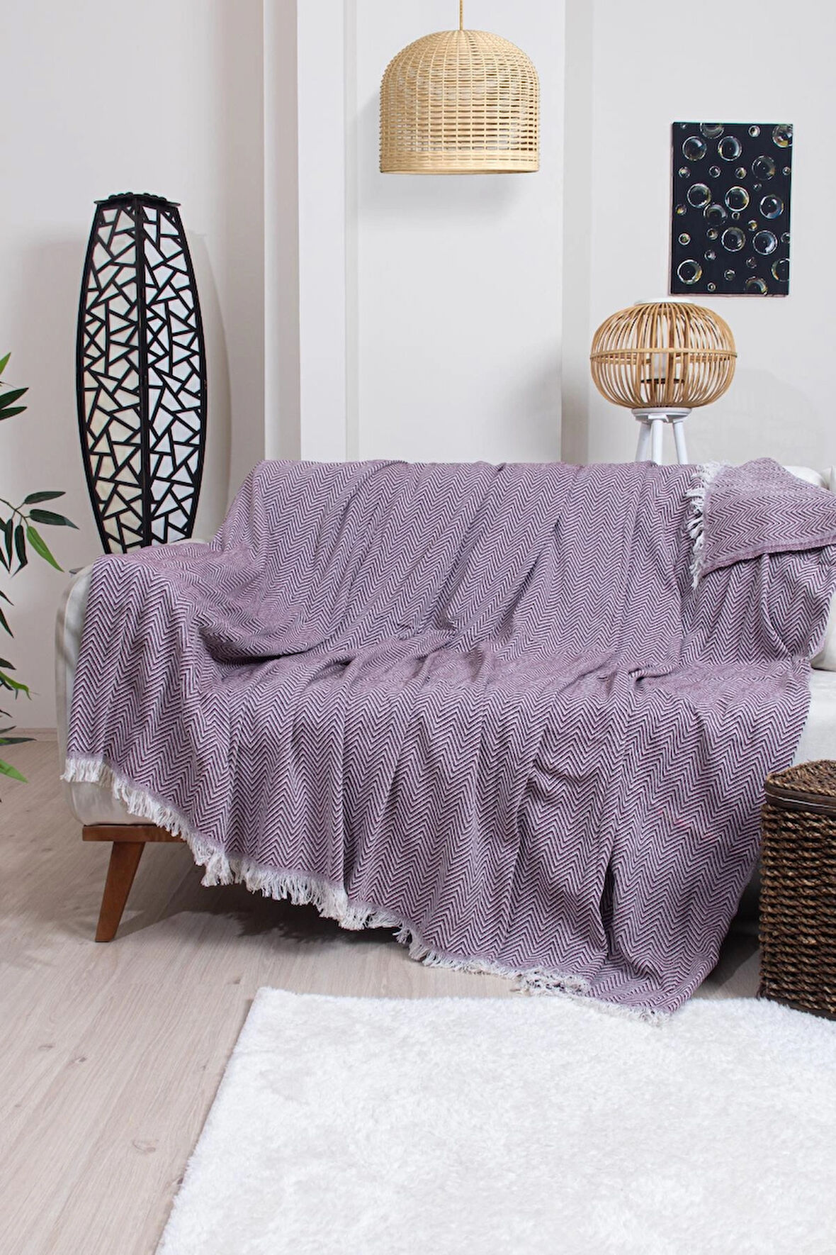 Pamuklu Zikzak Desenli Püsküllü Koltuk Örtüsü 170X210 cm | Dekoratif ve Çok Amaçlı