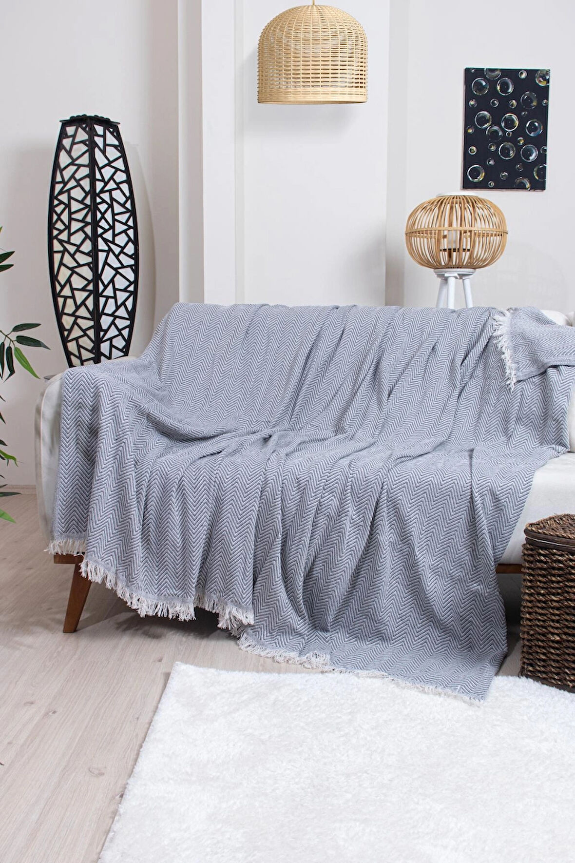 Pamuklu Zikzak Desenli Püsküllü Koltuk Örtüsü 170X210 cm | Dekoratif ve Çok Amaçlı