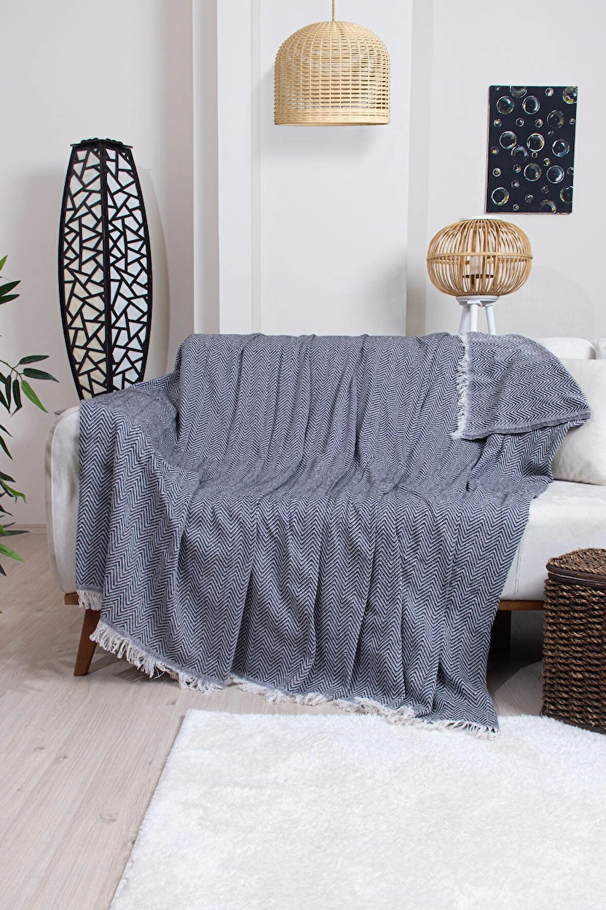 Pamuklu Zikzak Desenli Püsküllü Koltuk Örtüsü 170X210 cm | Dekoratif ve Çok Amaçlı