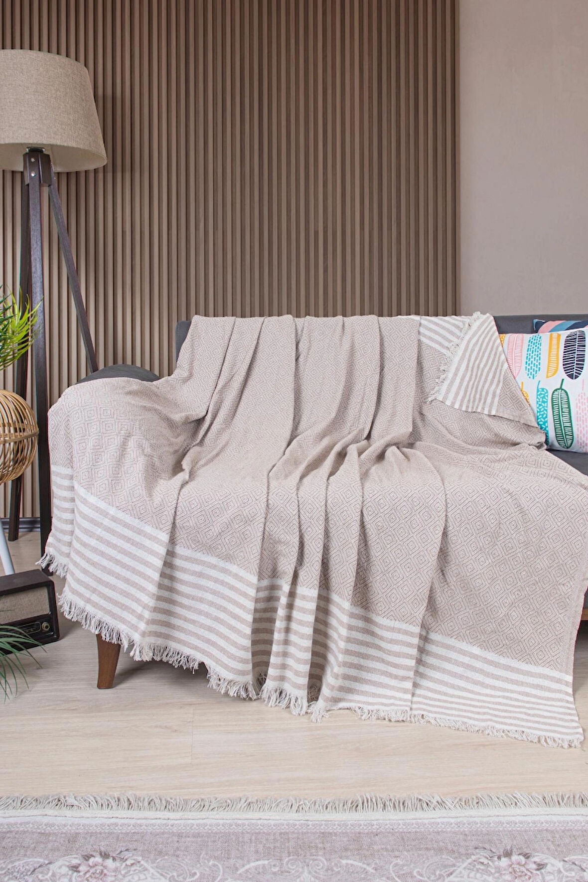 Pamuklu Püsküllü Elmas Desenli Koltuk Örtüsü 170X210 cm | Dekoratif Kanepe, Yatak ve Tv Örtüsü