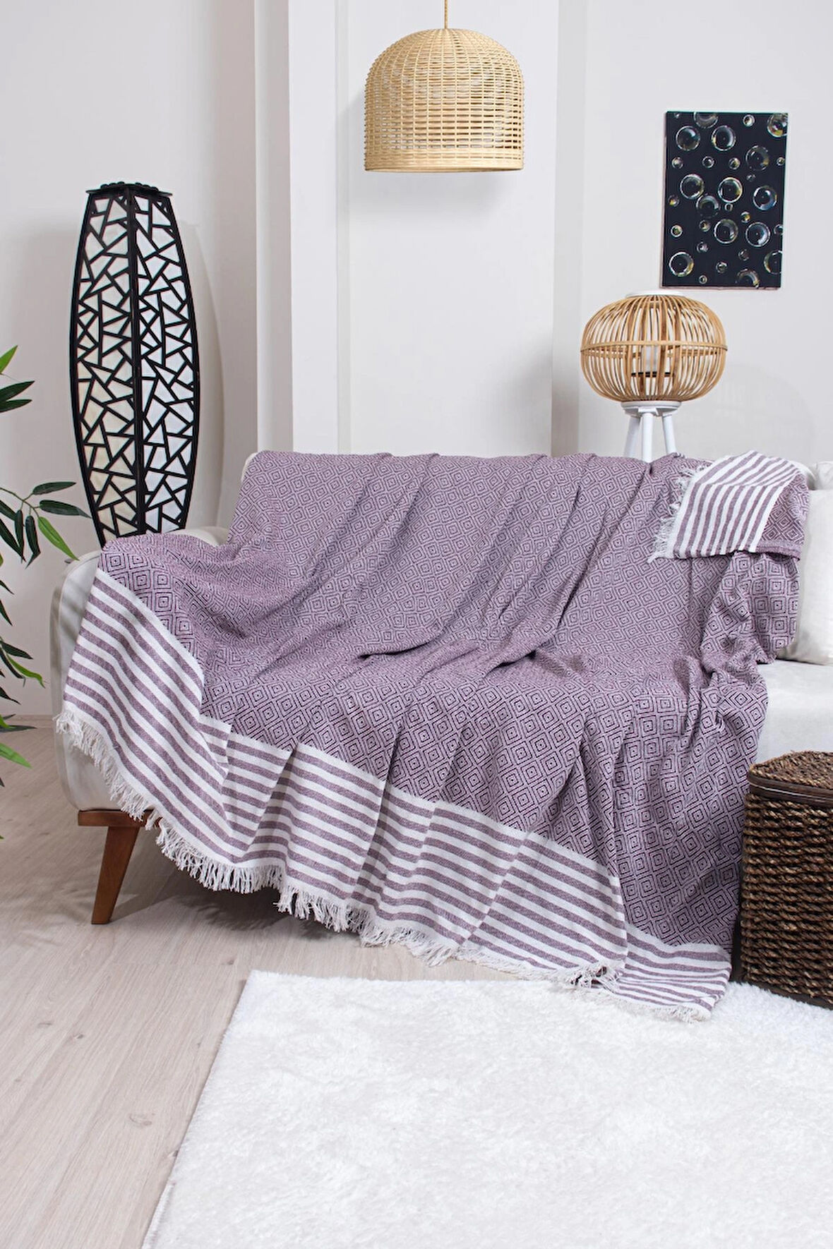 Pamuklu Püsküllü Elmas Desenli Koltuk Örtüsü 170X210 cm | Dekoratif Kanepe, Yatak ve Tv Örtüsü