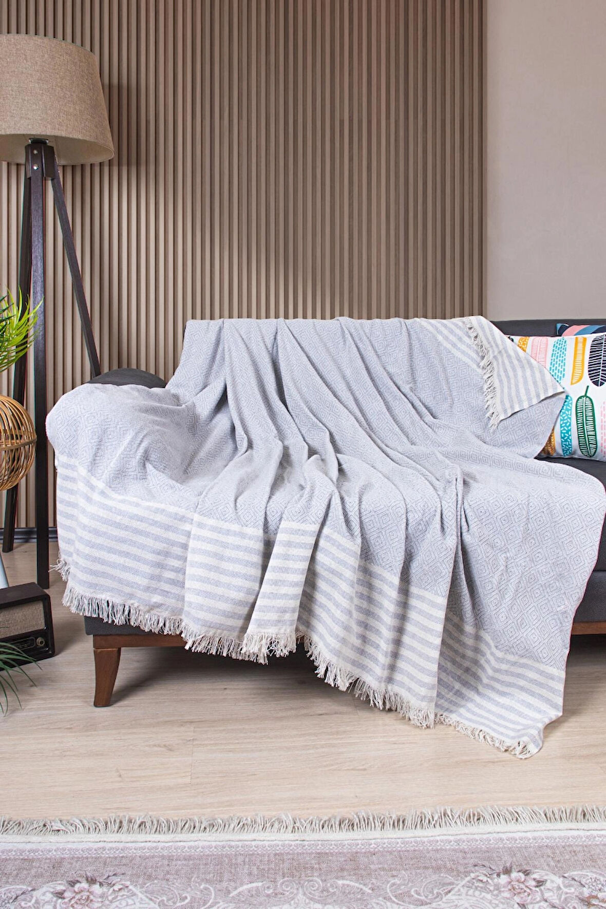 Pamuklu Püsküllü Elmas Desenli Koltuk Örtüsü 170X210 cm | Dekoratif Kanepe, Yatak ve Tv Örtüsü