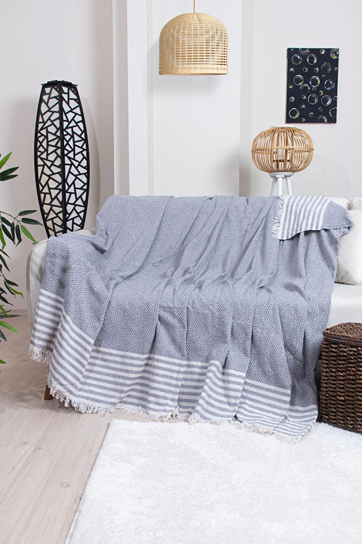 Pamuklu Püsküllü Elmas Desenli Koltuk Örtüsü 170X210 cm | Dekoratif Kanepe, Yatak ve Tv Örtüsü