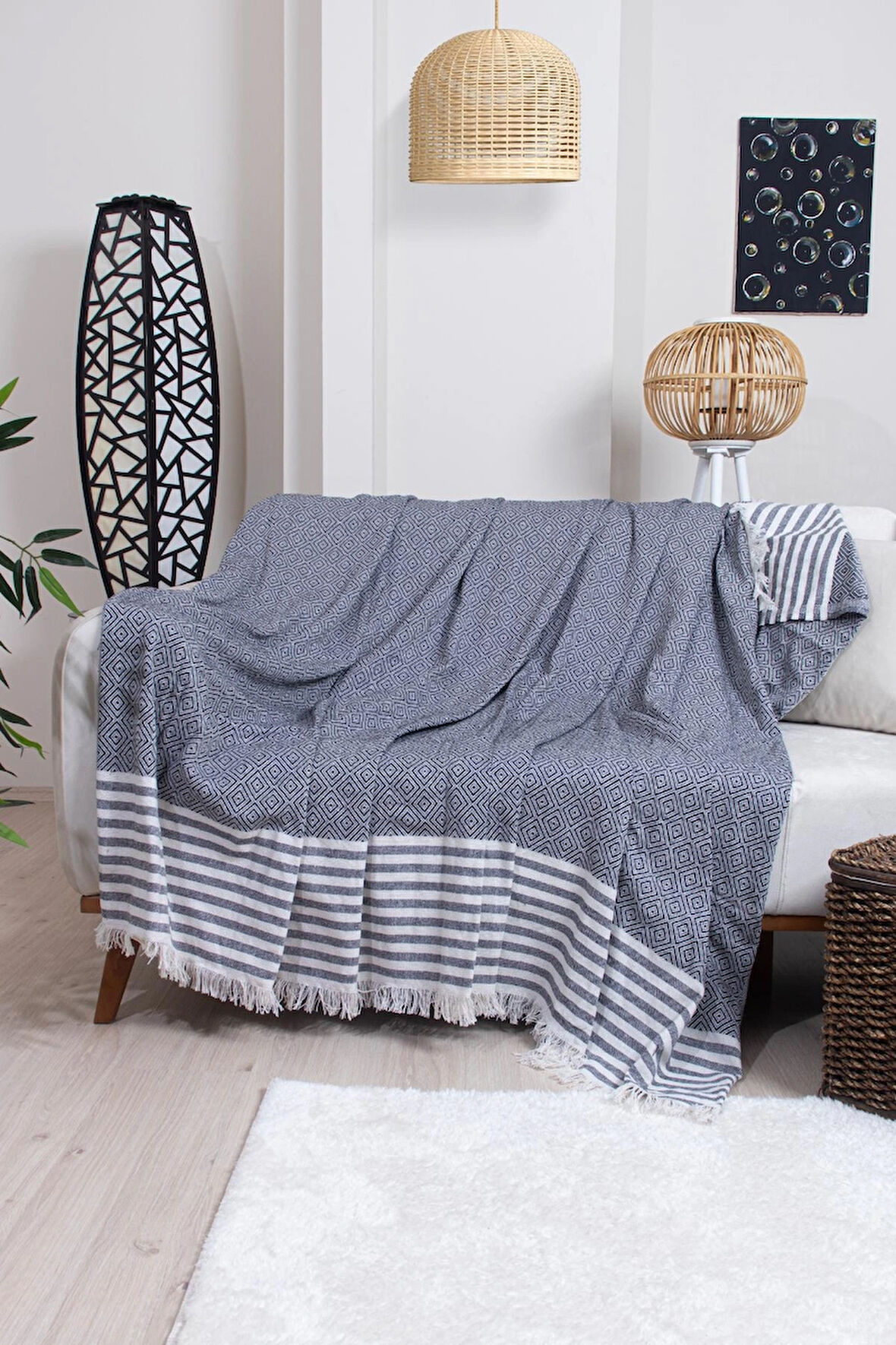 Pamuklu Püsküllü Elmas Desenli Koltuk Örtüsü 170X210 cm | Dekoratif Kanepe, Yatak ve Tv Örtüsü