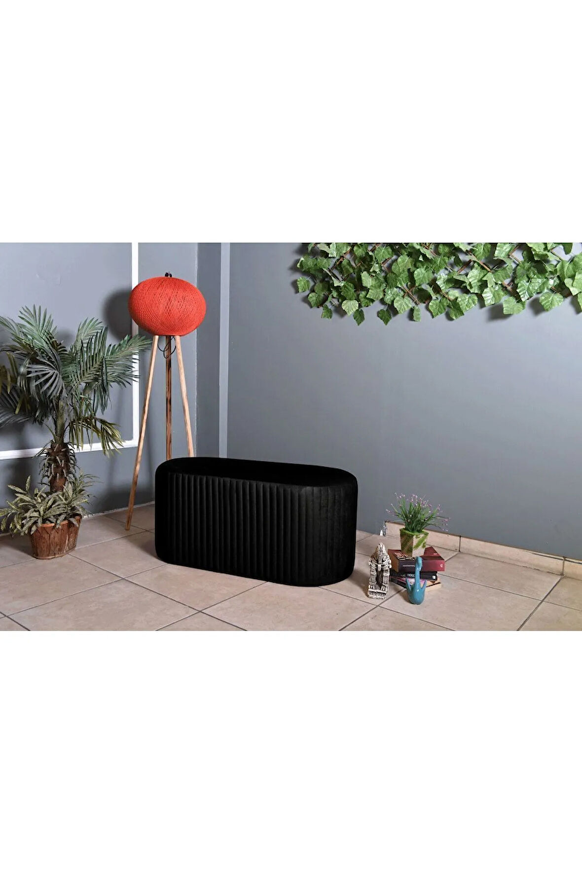 Velluto Lungo Lounge Siyah Puf - 90cm Oval Dekoratif Puf Koltuk