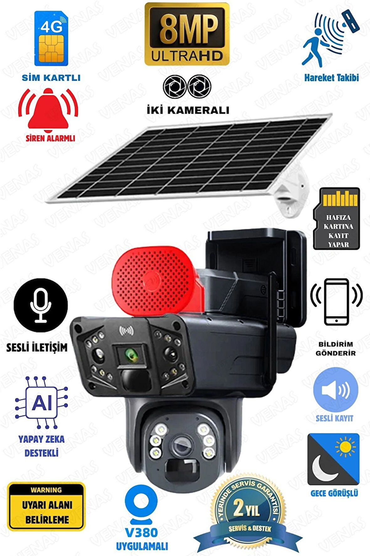 6MP Full HD Çift Kameralı Solar Enerjili SIM Kartlı Kablosuz IP Wi-Fi Dış Mekân Güvenlik Kamerası