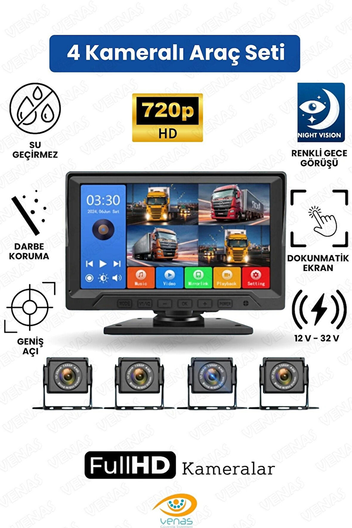 10.1 İNÇ 4 KAMERALI DÖNGÜSEL KAYITLI,DOKUNMATİK VE TUŞLU ARAÇ KAMERA MONİTÖR SETİ