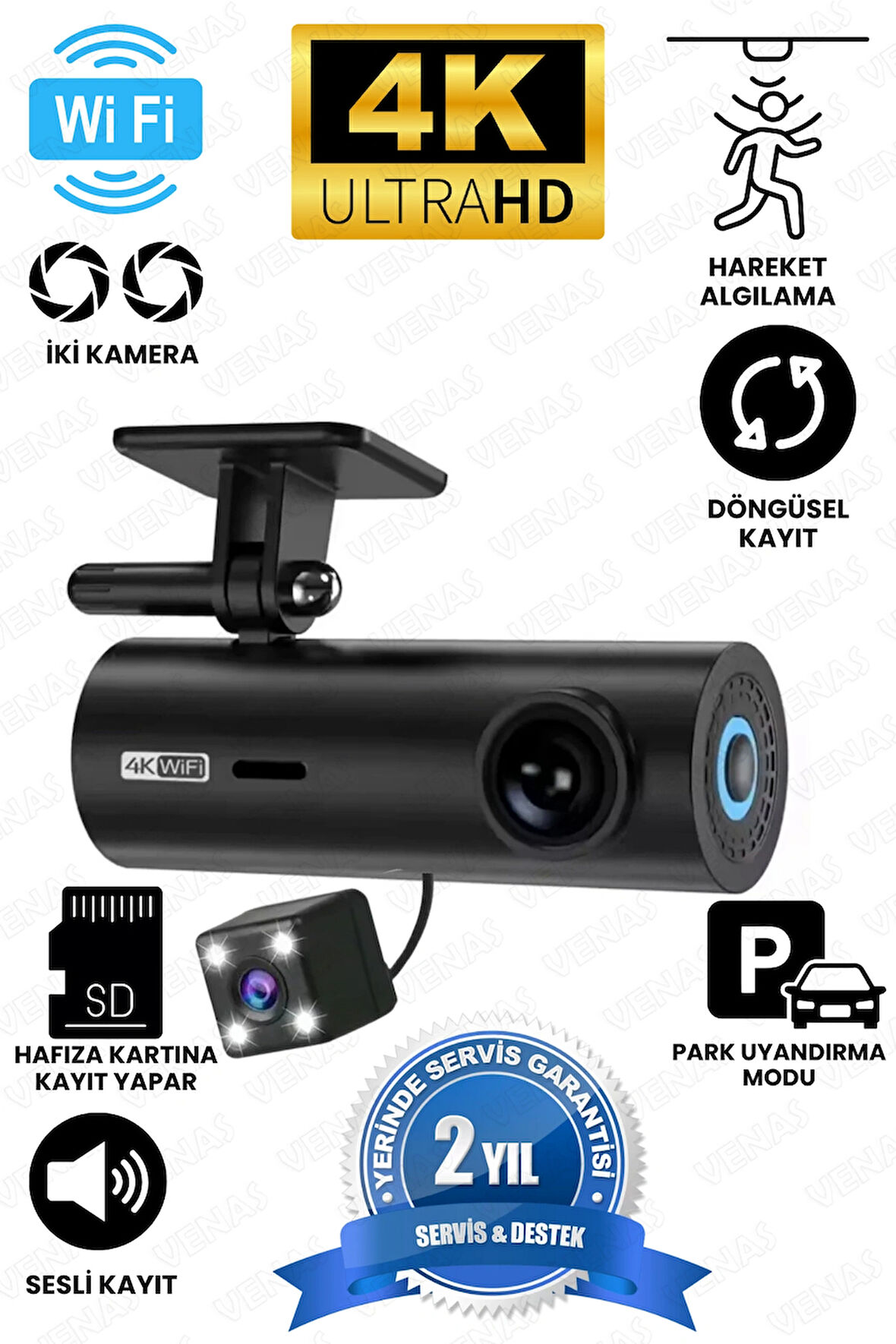 Geniş Açı 4K Ön 1080p Full HD Arka 2 Kameralı Wifi Hafıza Kartına Kayıtlı Araç Kamerası