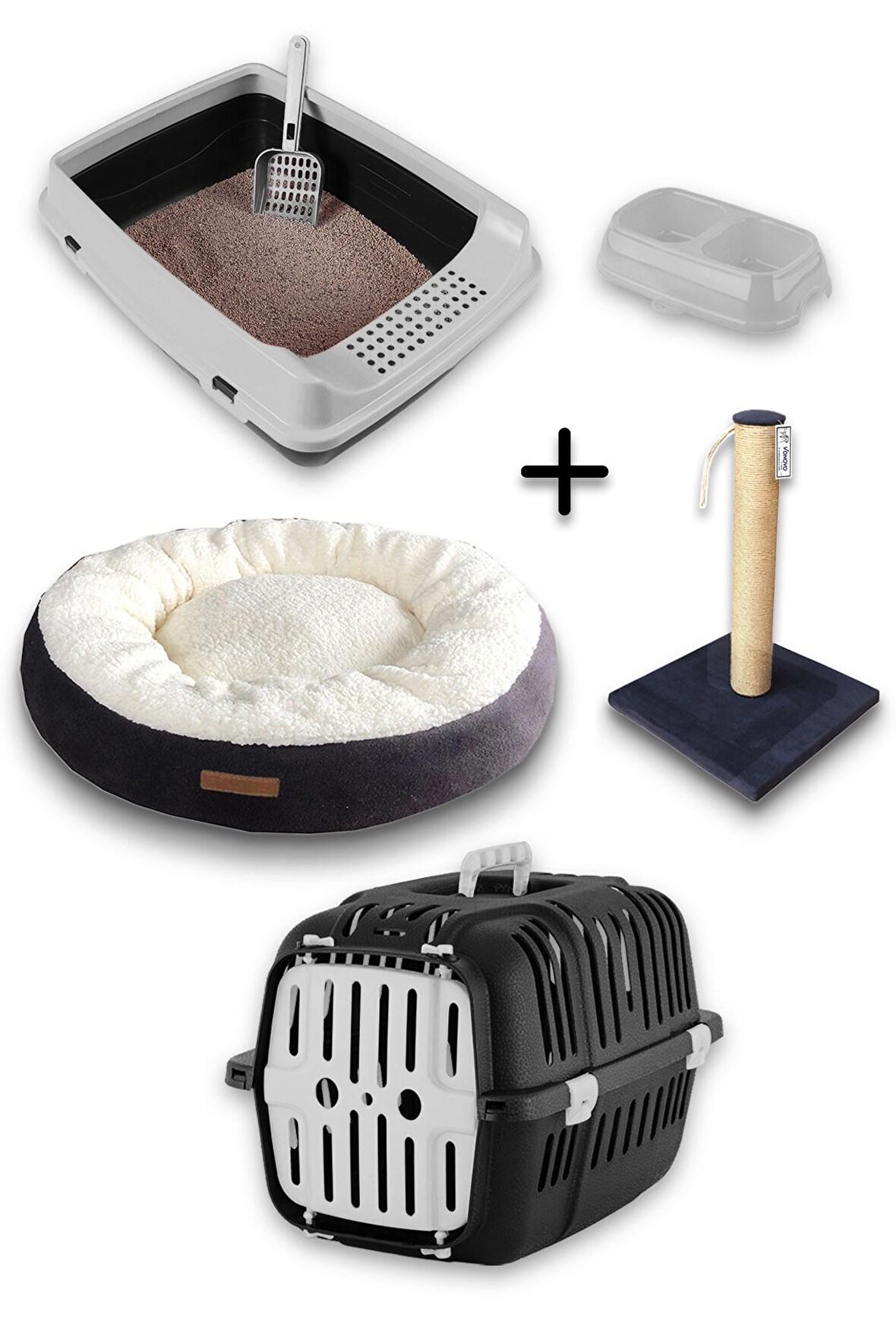 Açık Kedi Tuvalet + Taşıma sepeti + Tırmalama + Simit yatak + Büyük mama kabı hediyeli kedi seti-AT8