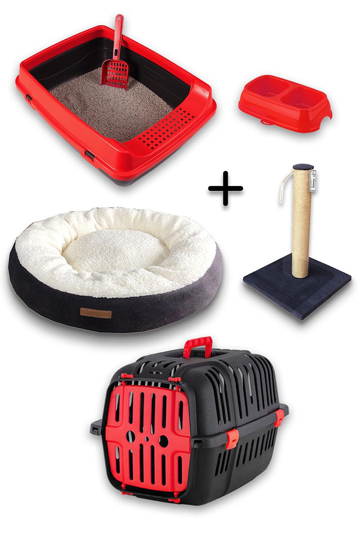 Açık Kedi Tuvalet + Taşıma sepeti + Tırmalama + Simit yatak + Büyük mama kabı hediyeli kedi seti-AT8