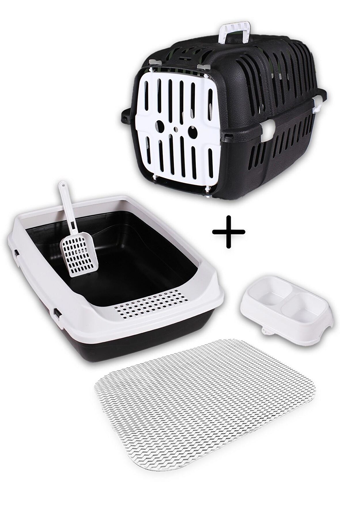 Açık Kedi Tuvaleti+Taşıma Sepeti+ Paspas + Kürek + Mama Kabı Kedi Seti-PAT1