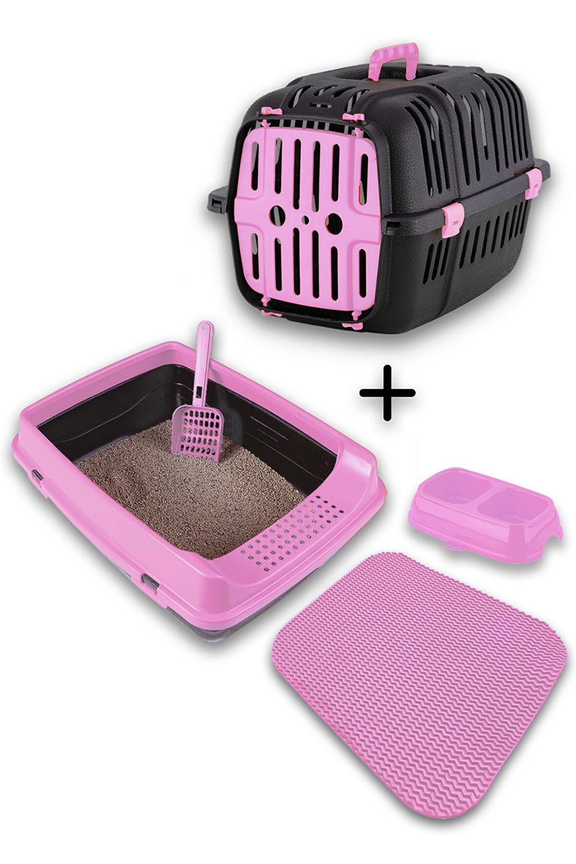 Açık Kedi Tuvaleti+Taşıma Sepeti+ Paspas + Kürek + Mama Kabı Kedi Seti-PAT1
