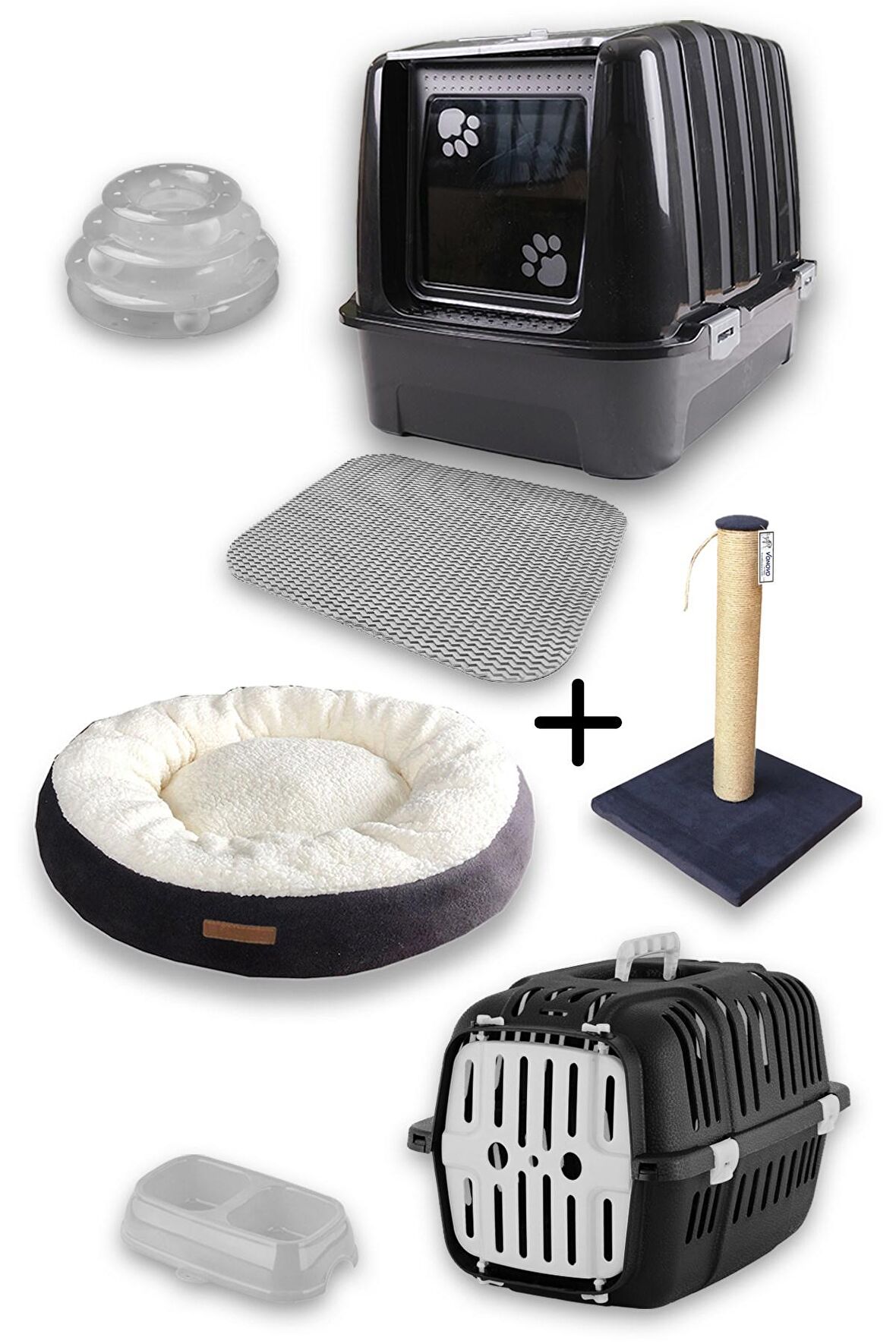 Lüks Kapalı Kedi Tuvaleti+Taşıma Sepeti+Yatak+Tırmalama+Paspas+3 Katlı Oyuncak+2li Büyük Mama Kabı K