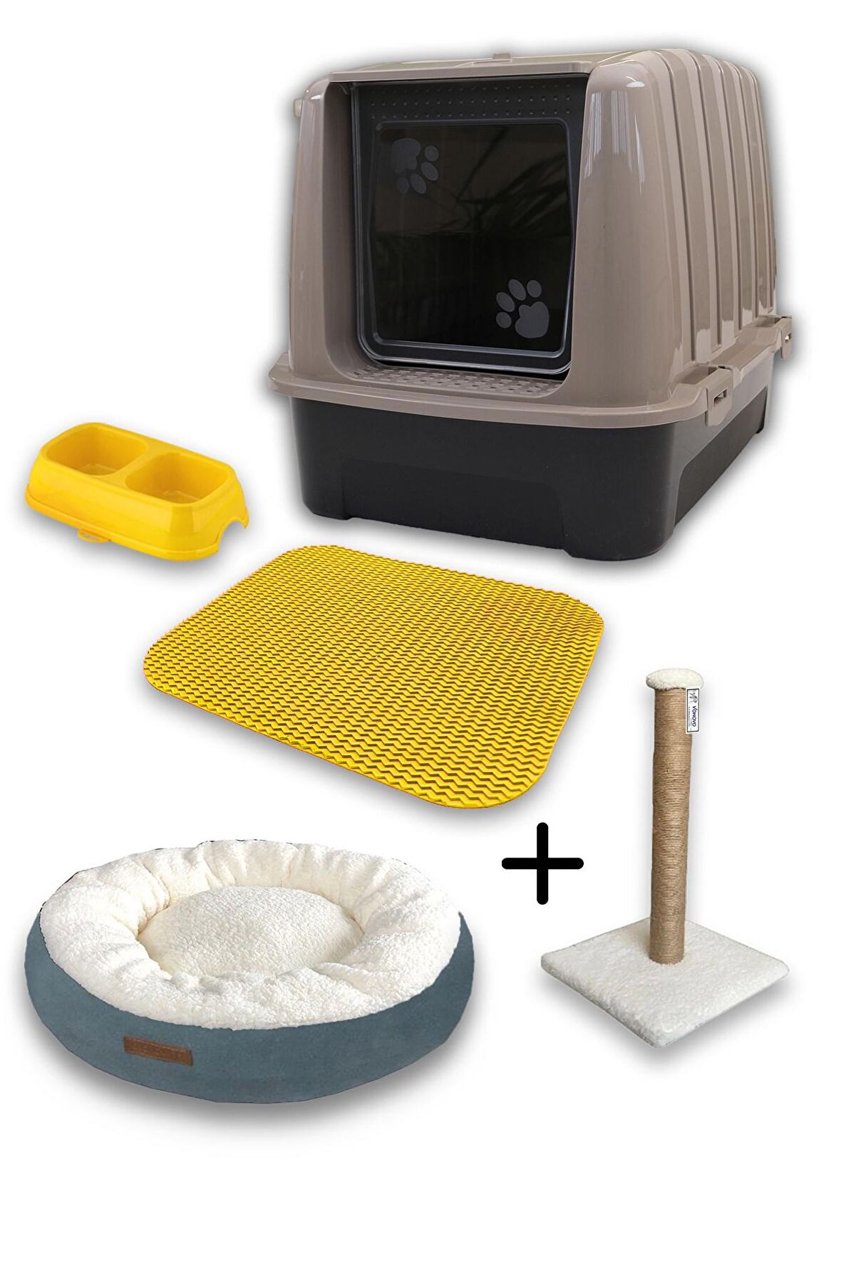 Lüks Kapalı Kedi Tuvaleti + Yatak + Tırmalama + Paspas+ Mama kabı Kedi Seti - LKT1