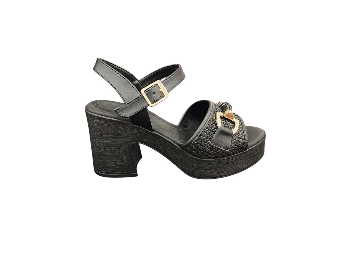 Ventes 11125221Z Bantlı 8 cm Kalın Topuklu Taş Toka Detaylı Günlük Kadın Hasır Sandalet