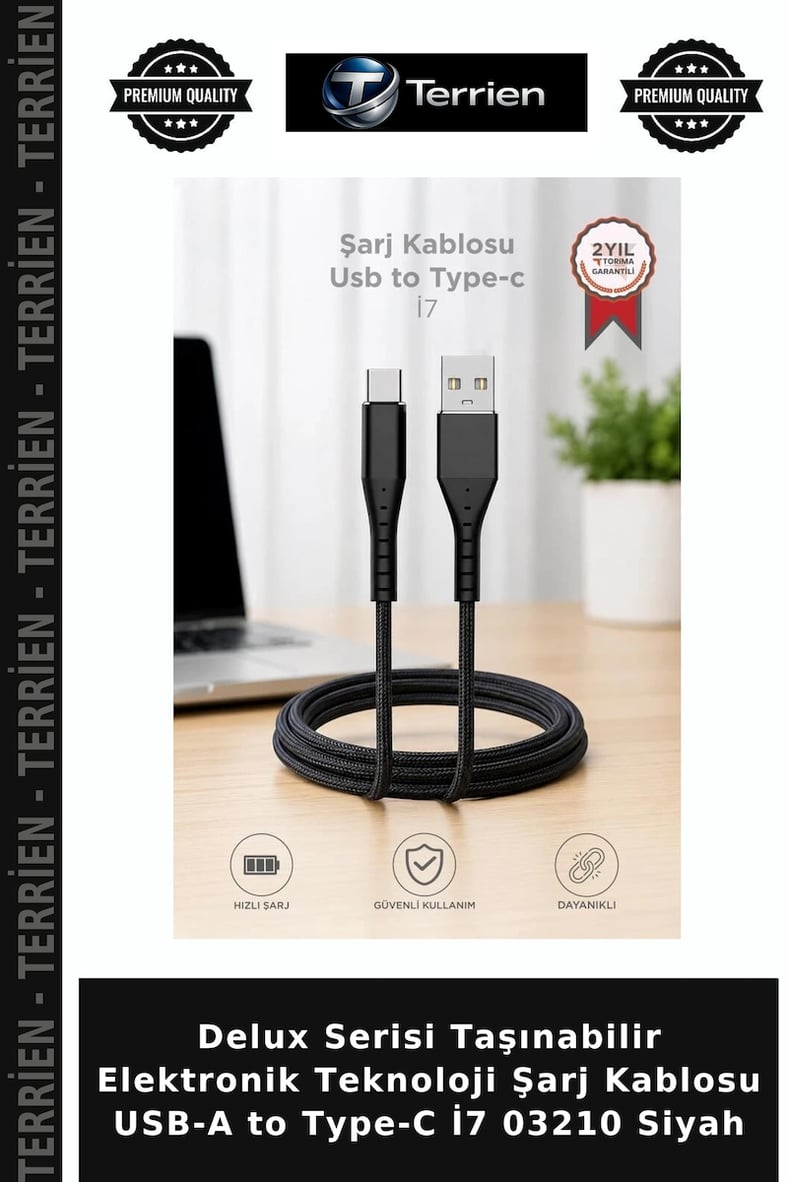 Delux Serisi Taşınabilir Elektronik Teknoloji Şarj Kablosu USB-A to Type-C İ7 03210 Siyah